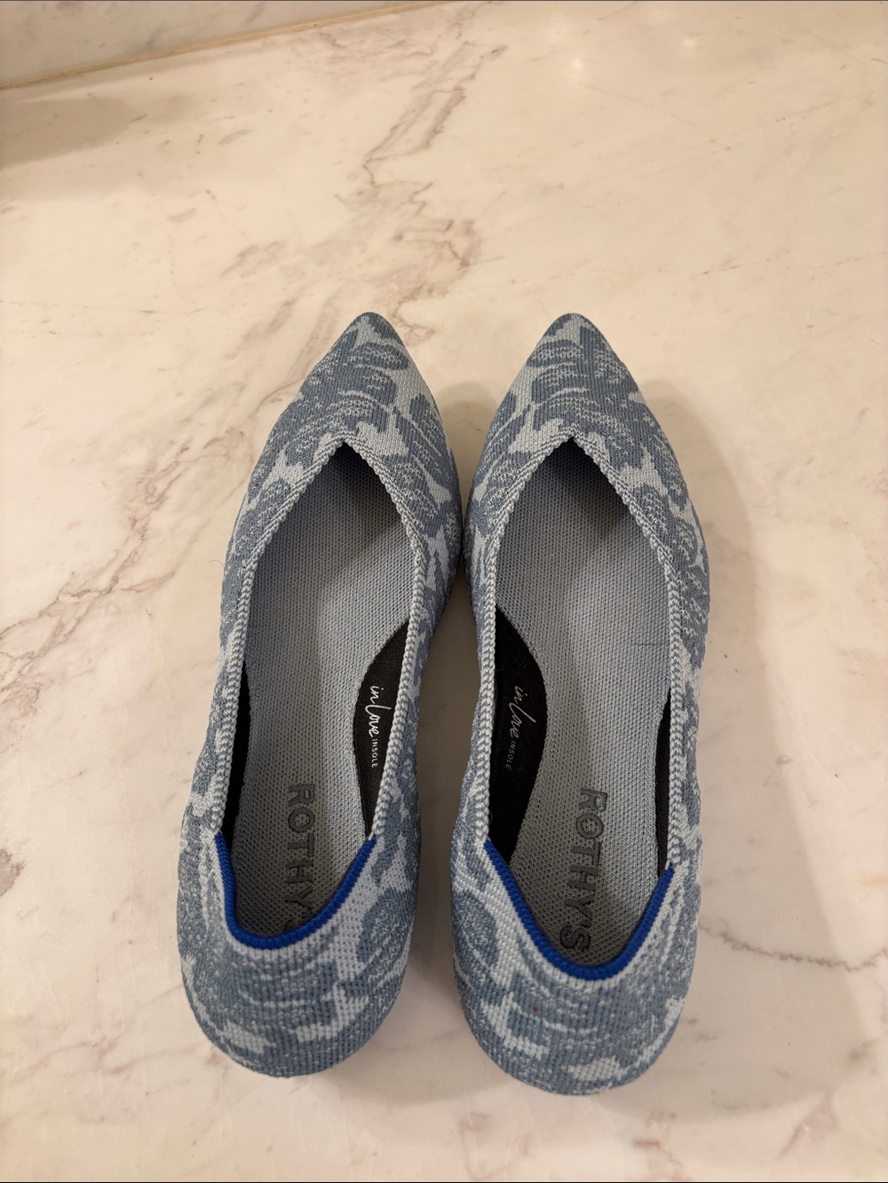 Rothy's light blue floral jacquard pointed flats